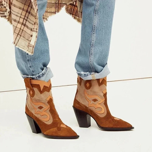 New Free People Toral Golden Girl Western Suede Boots Brown Leather Womens 8 - Picture 1 of 13